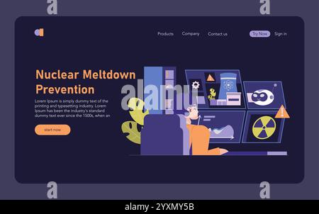 Concept de prévention de l'énergie nucléaire. Un travailleur surveille les systèmes de sûreté des réacteurs pour éviter une crise. Fonctionnement de la salle de contrôle et protocoles de sécurité. Illustration vectorielle. Illustration de Vecteur