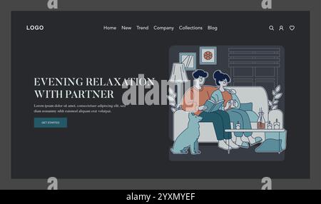 Scène de soirée confortable avec couple profitant du temps ensemble à l'intérieur. Livre de lecture et siroter du thé avec animal de compagnie. Illustration vectorielle. Illustration de Vecteur