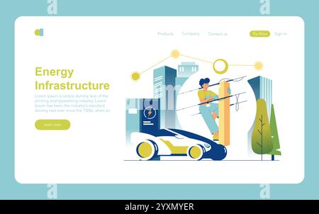 Concept d'électrification. Paysage urbain moderne avec véhicule électrique et infrastructure d'énergie propre. Transition vers des sources d'énergie durables. Illustration vectorielle. Illustration de Vecteur