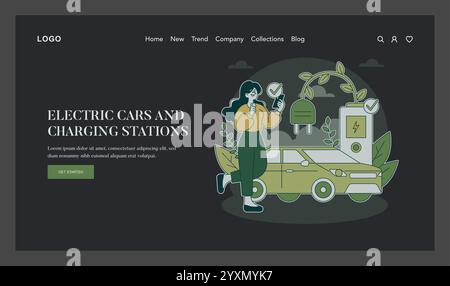 Concept Green Lifestyle. Femme utilisant un véhicule électrique écologique à une station de recharge. Énergies renouvelables et transports durables. Illustration vectorielle. Illustration de Vecteur