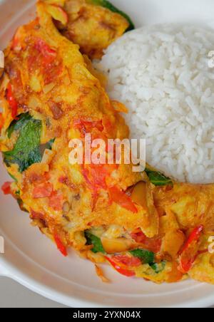Nourriture maison, riz blanc avec omelette. Banque D'Images