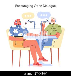 Encourager le concept de dialogue ouvert. Deux personnes avec un casque ayant une conversation sur un ordinateur. Communication efficace et travail d'équipe. Illustration vectorielle. Illustration de Vecteur
