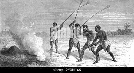 Hommes tanzaniens ou Africains battant Sorghum bicolor, alias Great Millet, Broomcorn, Guinea Corn, Durra, Imphee, Jowar ou Milo, Tanzanie Afrique. Vintage de gravure historique ou illustration 1864 Banque D'Images