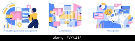 Kit de développement logiciel. Illustre les étapes allant des exigences du produit à l'intégration de l'IA dans le génie logiciel. Illustration vectorielle. Illustration de Vecteur