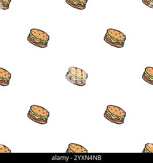 Motif hamburger sans couture. Fond de hamburger dessiné. Doodle illustration de hamburger dessinée à la main Illustration de Vecteur