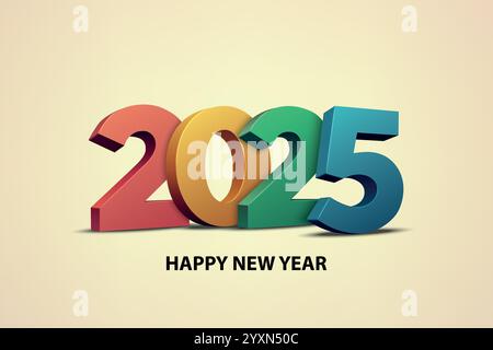 3D '2025' en chiffres colorés gras avec 'Happy New Year' sur fond beige. Illustration de Vecteur