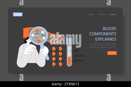 Concept de journée du donneur de sang. Illustration pédagogique sur les composants du sang avec un personnage les examinant. Aide visuelle pour l'information médicale. Illustration vectorielle. Illustration de Vecteur