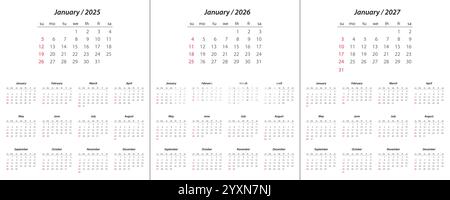 Calendrier 2025, calendrier 2026, calendrier 2027 sur la semaine de langue anglaise début dimanche modèle de planificateur de conception d'entreprise Illustration de Vecteur