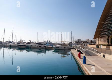 Ayia Napa, Chypre - 15 novembre 2024 : bateaux de luxe amarrés dans une rangée à Ayia Napa Marina. Banque D'Images