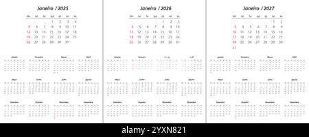 Calendrier 2025, calendrier 2026, calendrier 2027 sur la semaine de langue portugaise commencer dimanche modèle de planificateur de conception d'entreprise Illustration de Vecteur