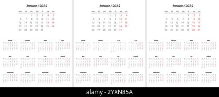 Calendrier 2025, calendrier 2026, calendrier 2027 sur la semaine de langue allemande début lundi modèle de planificateur de conception d'entreprise Illustration de Vecteur