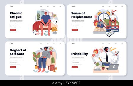 Mise en place des affiches dévorantes. Les illustrations illustrent la fatigue chronique, l'impuissance, la négligence de soi et l'irritabilité. Indicateurs modernes de stress de l'espace de travail. Illustration vectorielle. Illustration de Vecteur