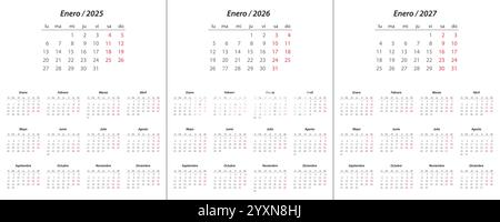 Calendrier 2025, calendrier 2026, calendrier 2027 sur la semaine de langue espagnole début lundi modèle de planificateur de conception d'entreprise Illustration de Vecteur