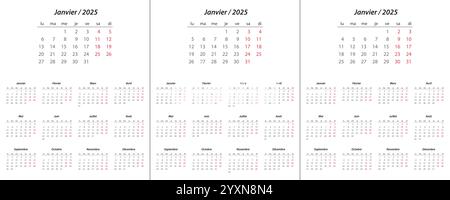Calendrier 2025, calendrier 2026, calendrier 2027 sur la semaine de la langue française début lundi modèle de planificateur de conception d'entreprise Illustration de Vecteur
