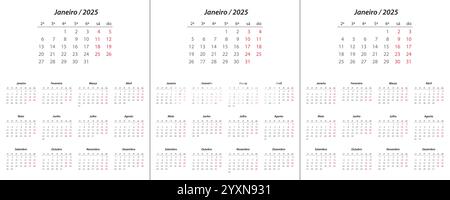 Calendrier 2025, calendrier 2026, calendrier 2027 sur la semaine de langue portugaise commencer lundi modèle de planificateur de conception d'entreprise Illustration de Vecteur