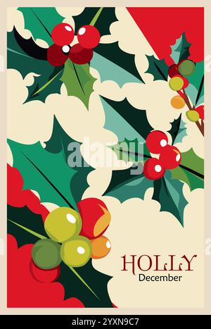 Affiche de style rétro, carte avec l'art vectoriel Holly Illustration de Vecteur