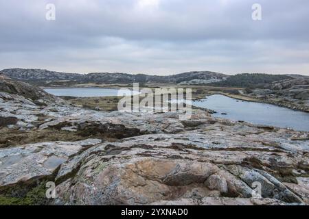 Belle photo côtière au coucher du soleil. Vue de paysage d'une côte escarpée dans une réserve naturelle. Les bâtiments suédois typiques peuvent être trouvés dans l'image Red Hous Banque D'Images