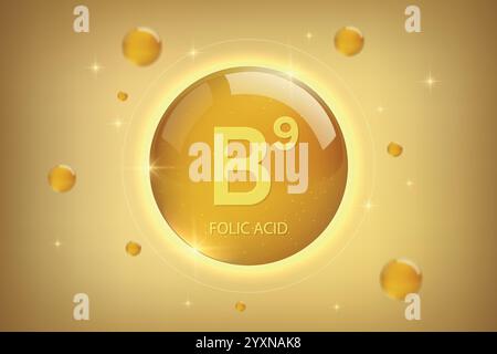 Icône d'or de vitamine B9. Capsule de pilule de goutte de vitamine D'acide folique. Complexe de vitamines de collagène pour la cosmétique et la conception médicale Illustration de Vecteur