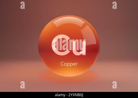 Sphère brillante avec symbole cuivre 'Cu' sur fond dégradé. Illustration de Vecteur