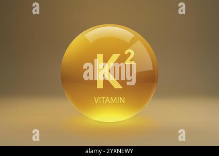 Sphère dorée brillante représentant la vitamine K2, communément appelée ménaquinone, sur un fond dégradé Illustration de Vecteur