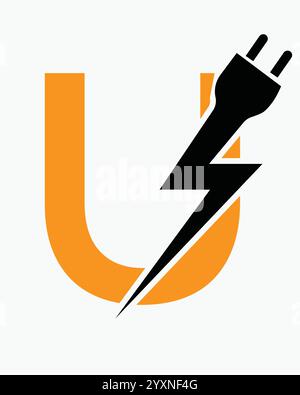 Lettre initiale U concept de logo électrique avec modèle vectoriel de symbole d'alimentation et de prise électrique Illustration de Vecteur