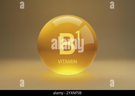 Sphère dorée brillante représentant la vitamine B1, communément appelée thiamine, sur un fond dégradé Illustration de Vecteur