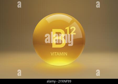 Sphère dorée brillante représentant la vitamine B12, communément appelée acide folique, sur fond dégradé Illustration de Vecteur