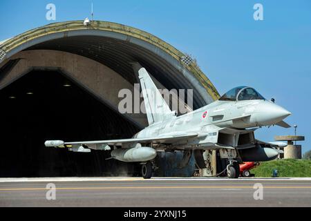 Un typhon EF-2000 de l'armée de l'air italienne émerge d'un abri à la base aérienne d'Istrana, en Italie. Banque D'Images