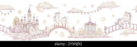 Motif aquarelle sans couture avec licornes rose pastel et princesse mignonne. Illustration de frontière avec château, nuages et étoiles pour papier peint de conte de fées. Fond pour mur de pépinière et chambre d'enfants. Banque D'Images