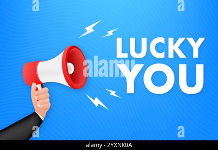 Main tenant mégaphone avec Lucky You message sur fond bleu Illustration de Vecteur