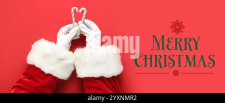 Mains du Père Noël avec des cannes de bonbons sur fond rouge. Bannière pour la célébration de Noël Banque D'Images