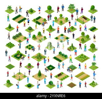 Les gens marchent, assis sur des bancs, se parlent et se détendent dans un parc verdoyant avec des arbres et des parterres de fleurs Illustration de Vecteur