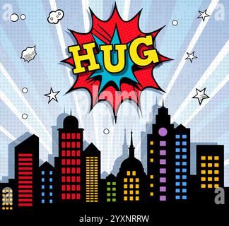 Illustration de style bande dessinée avec une explosion colorée avec le mot Hug au-dessus d'un horizon de la ville Illustration de Vecteur