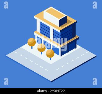 Illustration vectorielle isométrique avec un immeuble de bureaux moderne avec des arbres et une route, idéal pour les concepts architecturaux ou urbanistiques Illustration de Vecteur