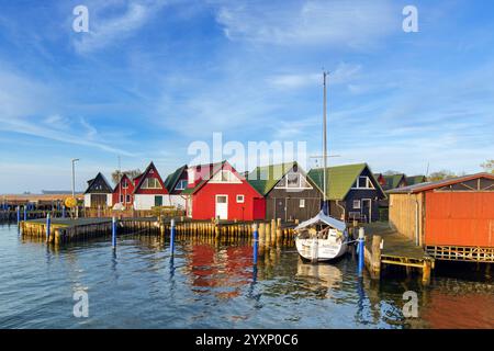 Chalets en bois dans le port du village d'Althagen, Fischland-Darß-Zingst, Mecklenburg-Poméranie occidentale, Allemagne Banque D'Images