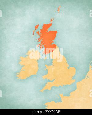 Ecosse sur la carte des îles Britanniques dans un style grunge doux et vintage, comme du vieux papier avec de la peinture à l'aquarelle. Banque D'Images