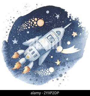 Illustration aquarelle d'un vaisseau spatial Rocket volant à travers un ciel cosmique étoilé avec des étoiles filantes, des planètes et un fond céleste. Espace pour les enfants affiche ou bébé cartes de voeux et invitation Banque D'Images