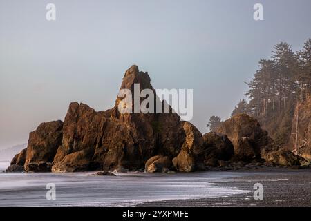 WA28062-00...WASHINGTON - coucher de soleil dans la brume sur la côte Pacifique à Ruby Beach dans le parc national olympique. Banque D'Images