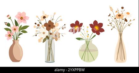 Ensemble de différents vases avec des fleurs sauvages isolé Illustration de Vecteur