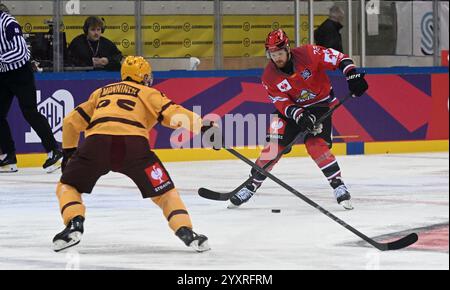 Bremerhaven, Allemagne. 17 décembre 2024. Hockey sur glace : Ligue des Champions, Pinguins Bremerhaven - Servette Genève, finale, quarts de finale, deuxième manche. Phillip Bruggisser (R) de Bremerhaven se bat pour la rondelle contre Safari Manninen de Genève. Crédit : Stringer/dpa/Alamy Live News Banque D'Images