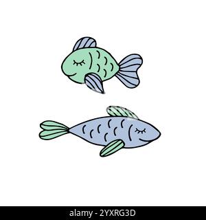 Vecteur deux poissons d'esquisse de doodle dessinés à la main colorés isolés sur fond blanc Illustration de Vecteur