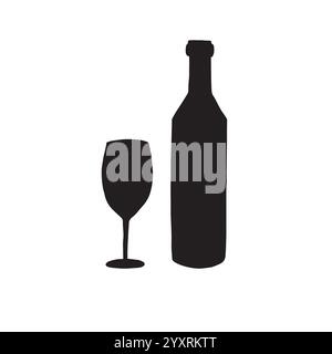 Vector noir doodle esquisse bouteille de vin et silhouette en verre isolé sur fond blanc Illustration de Vecteur