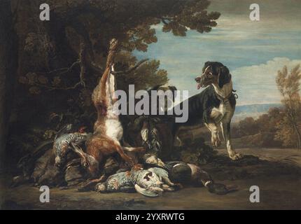 David de Coninck - nature morte du gibier, avec deux chiens, dans un paysage. Banque D'Images