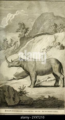 Naaukeurige en uitvoerige beschryving van kaap de Goede Hoop, Amsterdam, par B. Lakeman, 1727, sud-africaine, histoire naturelle, rhinocéros, rhinocéros, capeofgoodhope, description et voyage, cap de bonne-espérance afrique du Sud, peuple africain khoikhoi., Un rhinocéros se dresse en bonne place dans un paysage détaillé, mettant en valeur sa forme robuste et sa corne distinctive. La créature est représentée sur un fond de collines ondulantes et de falaises lointaines, mettant l'accent sur son habitat naturel. La scène capture les textures de la peau du rhinocéros et de l'environnement environnant, offrant un aperçu perspicace de la faune o Banque D'Images