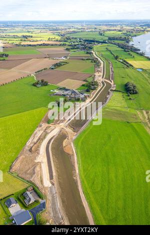 Vue aérienne, chantier de construction sur la digue entre Dornick et Dornicksche Ward zone de conservation du paysage LSG, vue lointaine, Vrasselt, Emmerich on t Banque D'Images
