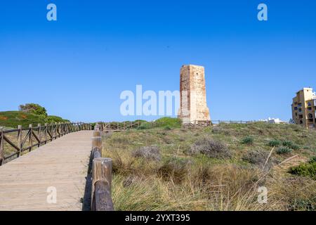 Photo d'une vieille tour dans la ville de Sitio de Calahonda à Mijas Espagne montrant la tour abandonnée connue sous le nom de la Torre de Los Ladrones située près de la Banque D'Images