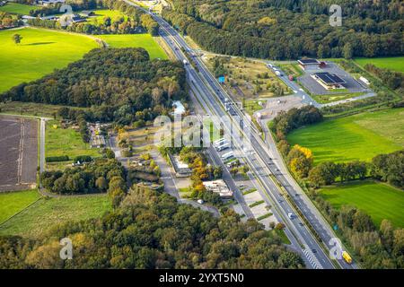 Vue aérienne, trafic routier autoroute A3 / A12, zone de service de Knauheide, passage frontalier Elten Allemagne-pays-Bas, Feldhuisen, Emmerich sur le Rhin, Lowe Banque D'Images