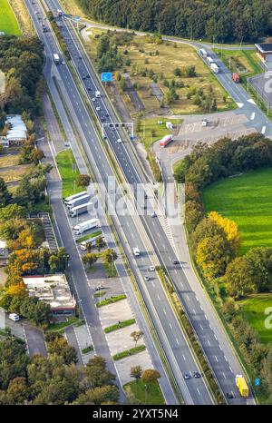 Vue aérienne, trafic routier autoroute A3 / A12, zone de service de Knauheide, passage frontalier Elten Allemagne-pays-Bas, Feldhuisen, Emmerich sur le Rhin, Lowe Banque D'Images