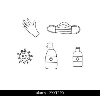 Ensemble vectoriel faisceau de doodle dessiné à la main esquisse coronavirus choses pandémiques isolées sur fond blanc Illustration de Vecteur