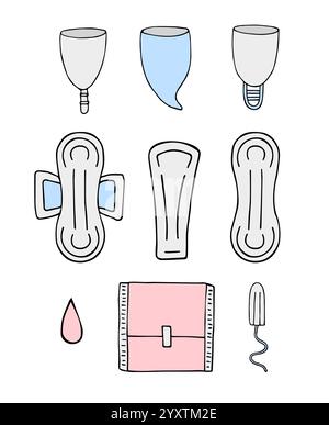 Ensemble de vecteur faisceau de différentes couleurs dessinées à la main doodle tampon menstruel et tasse isolés sur fond blanc Illustration de Vecteur